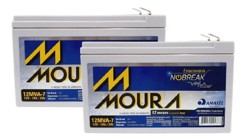 Imagem 2 de 5 de Kit 2 Baterias Selada Vrla Alarme Nobreak Bike 12v 7ah Moura