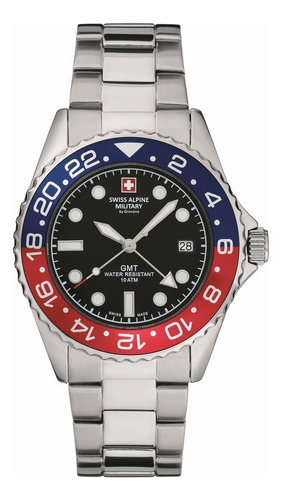 Reloj Swiss Alpine Military Master Diver Gmt 7052.1131sam Malla Plateado Bisel Azul Y Rojo Fondo Negro