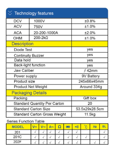 Imagen 6 de 9 de Pinza Amperometrica Digital Tester Dt201 Data Hold Y Luz Lcd