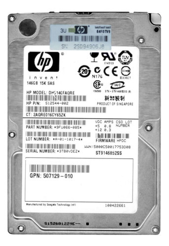 Hd Sas Hp 146gb 15k 2.5 Dh0146faqre Cor Prateado