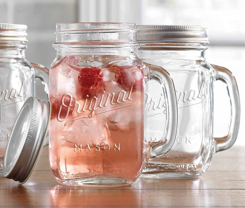 Mason Jar 16 Oz Tazas De Vidrio Con Asa Y Tapa Juego De 4...