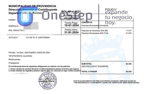 Vendo Patente Comercial De Alcohol Clase Ñ. Para Providencia
