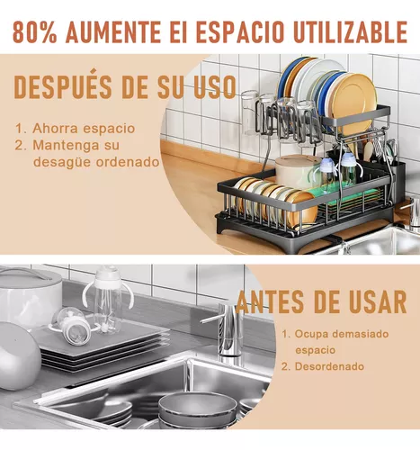  Escurreplatos de acero inoxidable para fregadero con soporte  para utensilios y soporte para cuchillas (una sola capa) : Hogar y Cocina