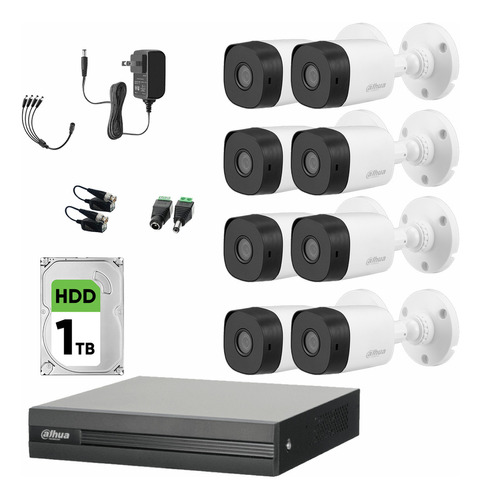 Dahua Kit De 6 Cámaras B1a21  Resolución De 2mp 1080p Dvr Cooper-i Wizsense Hasta 8 Canales Smd Plus Búsqueda De Humanos Y Vehículos + Hdd 1tb Visión Nocturna Blanca