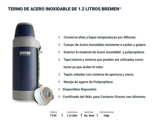 Imagen 2 de 8 de Termo Botella Termica Bremen 1.2l Acero Inox Hasta 48hs 7133