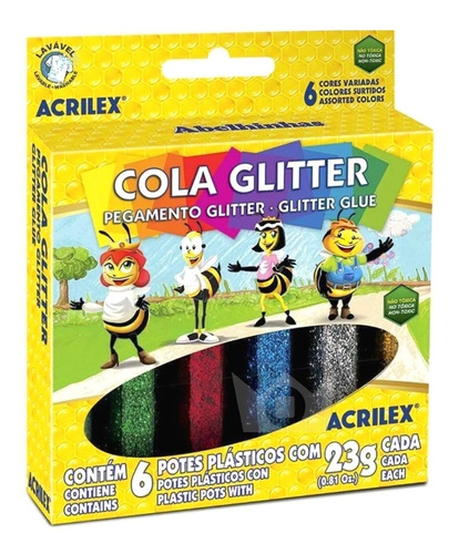 Cola Colorida Com Glitter Acrilex Arte Infantil - 6 Cores
