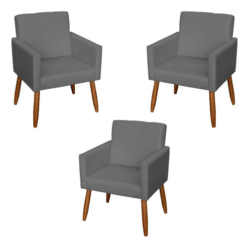 Kit 3 Cadeiras Escritório Poltronas Decorativas Reforçadas Cor Cinza Desenho do tecido Suede Liso