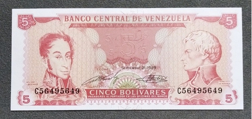 Billete De 5 Bolívares Año 1989, Estado Unc