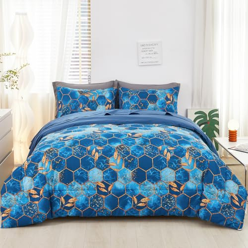Juego De Cama Matrimonial Estampado Mármol Azul Y Dorado