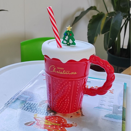 Taza De Navidad Con Tapa De Pajita, Tazas De Cerámica