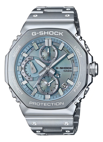 Relógio masculino Casio GMC-B2100AD-2ADR G-Shock, pulseira prateada, moldura prateada, fundo azul