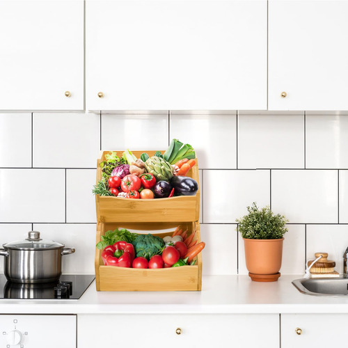 Cubos Almacenamiento Bambú Apilables 2 Niveles Cesta Organiz
