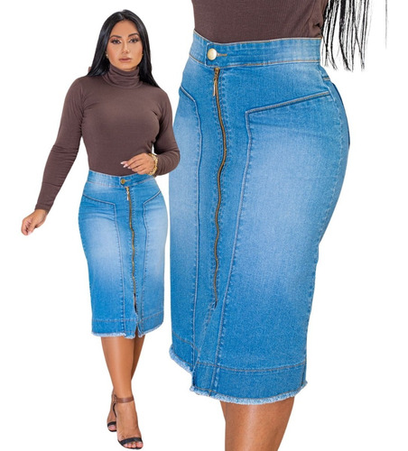 Saia Jeans Midi Moda Evangelica Premium Em Zíper E Elastano