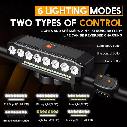 Luz Para Bicicleta 8000 Lúmenes Impermeable 8 Led Recargable