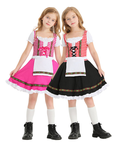 Alemania Tradicional Oktoberfest Cos Costume Negro Rosa Plaid Imprimir Étnica Niños Actuación Disfraz