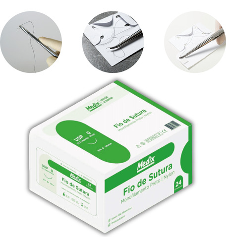 Fio Sutura Agulhado Nylon Preto Diversos Tamanhos C/24 Unid
