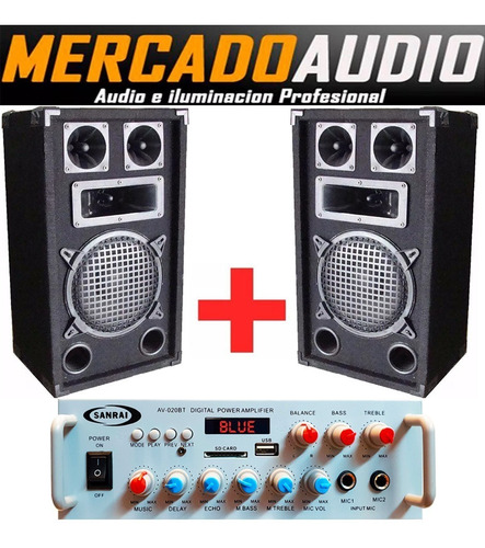 Imagen 1 de 4 de Combo Karaoke Amplificador Bluetooth Usb + 2 Bafles 8 PuLG