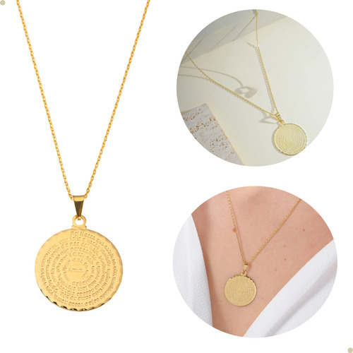 Pingente Oração Pai Nosso Mandala Colar Gargantilha Folheado a Ouro 18k Cor Dourado Andreia Branco Acessórios