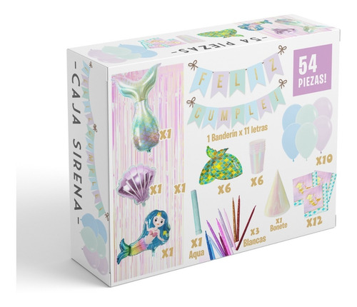 Kit Box Deco Cumpleaños Sirena Sirenita Mar X 53 Piezas