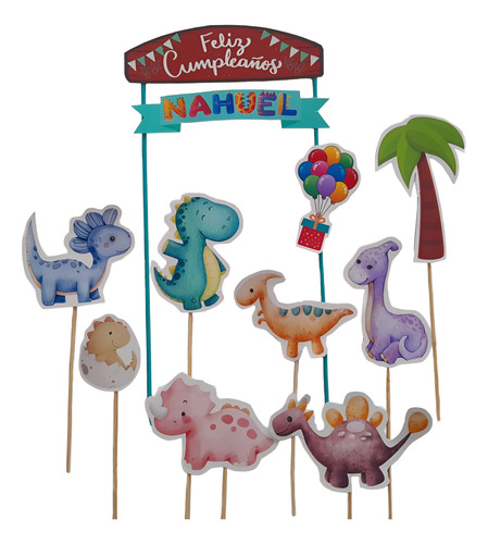Adorno Torta Topper Con Nombre Feliz Cumple Dinos Bebés X11 Verde Lima Toppers Dinos Bebés