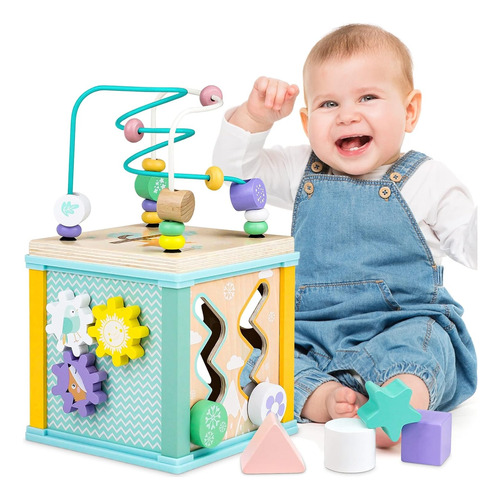 Cubo Madera Montessori Sensorial 5 En 1 Abaco Juguete Niños