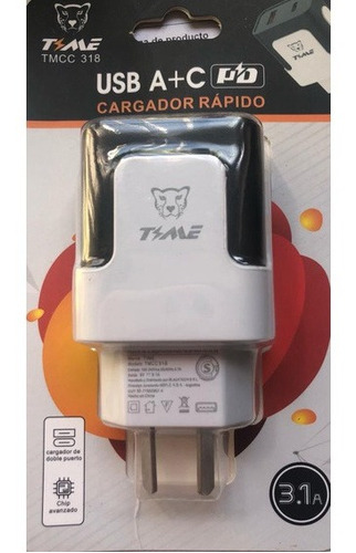 Imagen 4 de 4 de Cargador Rapido De Pared Time 3.1a Salida Tipo C + Usb Comun