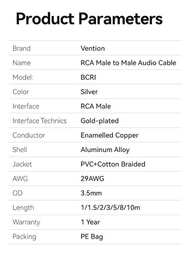 Cable Audio Y Video Rca Vention - Rca Macho A Rca Macho - 2 Metros - Cable Premium Blindado Trenzado - Hi-fi Stereo - Para Home Theater / Smart Tv / Barra Sonido / Parlante - Bcrih