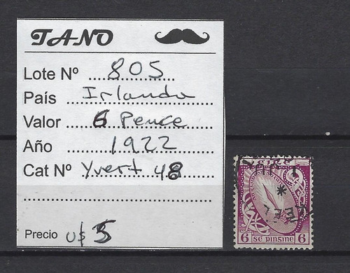 Lote805 Irlanda 6 Pence Año 1922 Yvert# 48