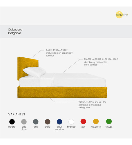 Cabecera Colgable Cama Matrimonial Diseño Moderno Resistente Color Mostaza