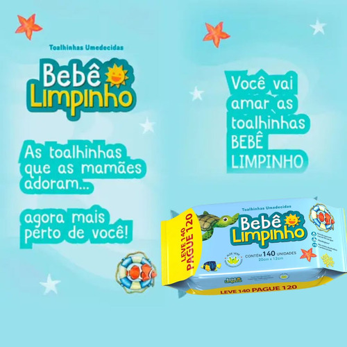 Lenço Toalha Umedecida Bebê Limpinho 140 Unidades
