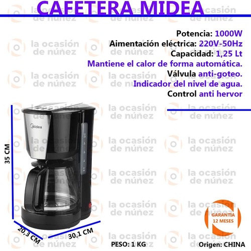 Imagen 2 de 7 de Cafetera Electrica 1,25 L Midea 1000w Anti Hervor