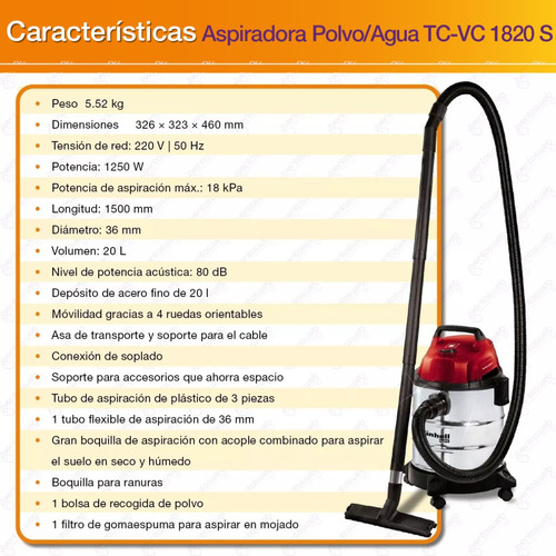Imagen 9 de 10 de Aspiradora Industrial Inox Einhell 20 Lts Ideal Auto Hogar