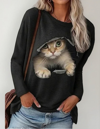 Playera De Cuello Redondo Con Estampado De Gatos Para Mujer