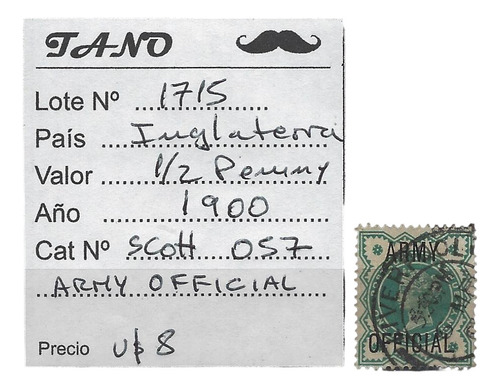 Lote1715 Inglaterra 1/2 Penny Año 1900 Scott# O57 Oficial