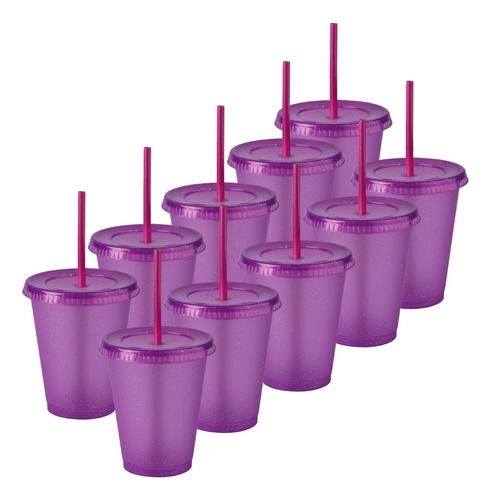 200 Vasos Reusables Con Popote Para Bebida Fría Mini 16 Oz Color Morado Glitter