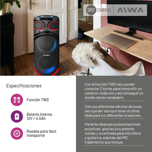 Parlante Torre Bluetooth Aux 80w Power Bank Aiwa