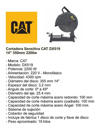 Imagen 2 de 7 de Cortadora O Sierra Sensitiva Cat Dx519 2200w 1 Disco Profes
