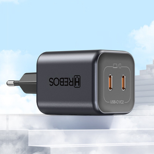 Carregador Turbo 45w Hrebos Dupla Entrada Usb-c Tipo-c Cor Preto