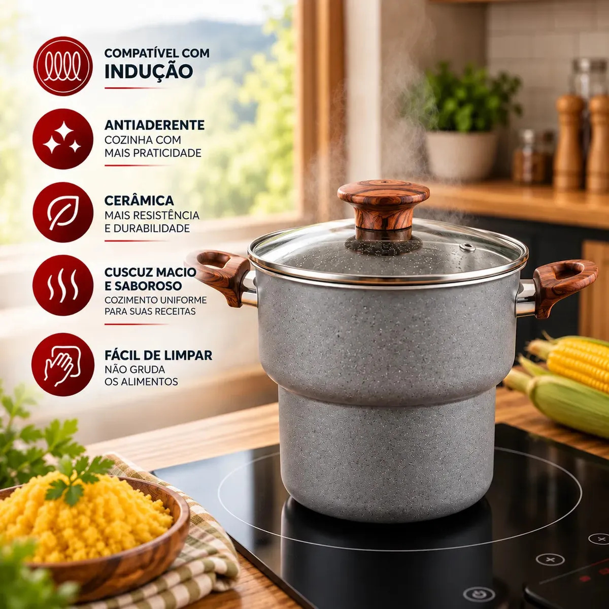 Cuscuzeira Antiaderente Ceramica Premium Revestida Granito Cinza Tampa Vidro 14cm Granito