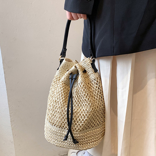 Bolso Tipo Bombonera De Paja De Verano Con Cordón A La Moda,