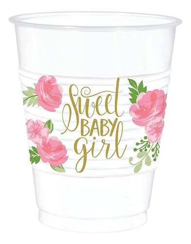 Amscan Baby Girl Vasos De Plástico Floral - 25pc / 16oz, Taz