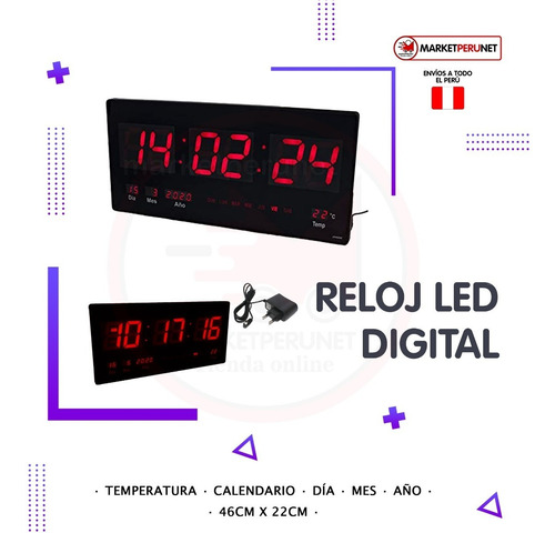 Imagen 4 de 7 de Reloj Digital De Pared Led 46x22cm Temperatura Calendario