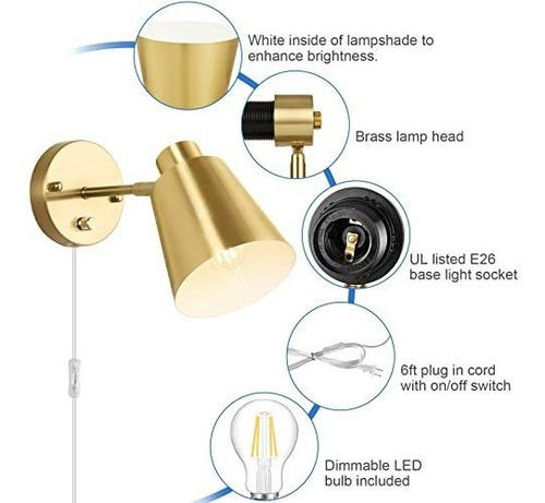 Lámpara De Pared Ajustable, Dimmable, Enchufable, Dorada