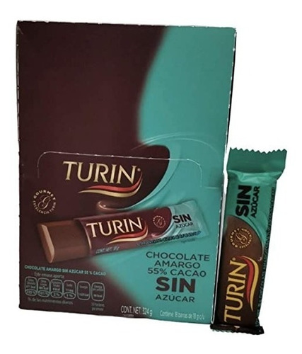 Turin Sin Azúcar Chocolate Amargo 55% Cacao 18pz 324gr