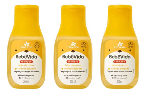 Shampoo Davene Bebe Vida Leite De Arroz 200ml - Kit C/ 3un