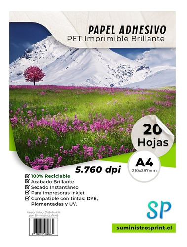 Adhesivo Imprimible Pet Brillante A4 X 20 Hojas