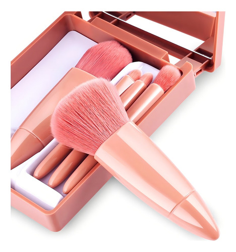Mini Brush Kit 5 Pinceis com Espelho Portátil Nécessaire Viagem Cor Rosa