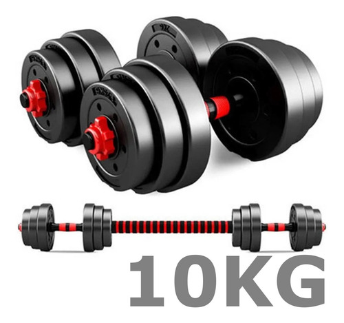Imagen 1 de 10 de Kit Mancuernas Y Barra Con Tope A Rosca + 10 Kg Discos Pvc