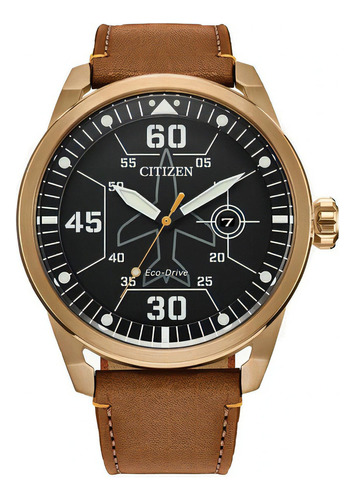 Relógio masculino original Citizen Avion AW173309e Time Square, cor da pulseira: marrom, cor do bisel, rosa, ouro, cor de fundo, preto