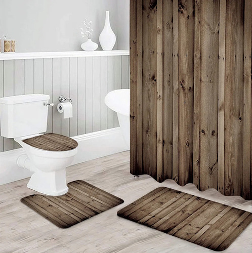 4pcs Set De Cortina De Ducha Vintage De Tablones Marrones